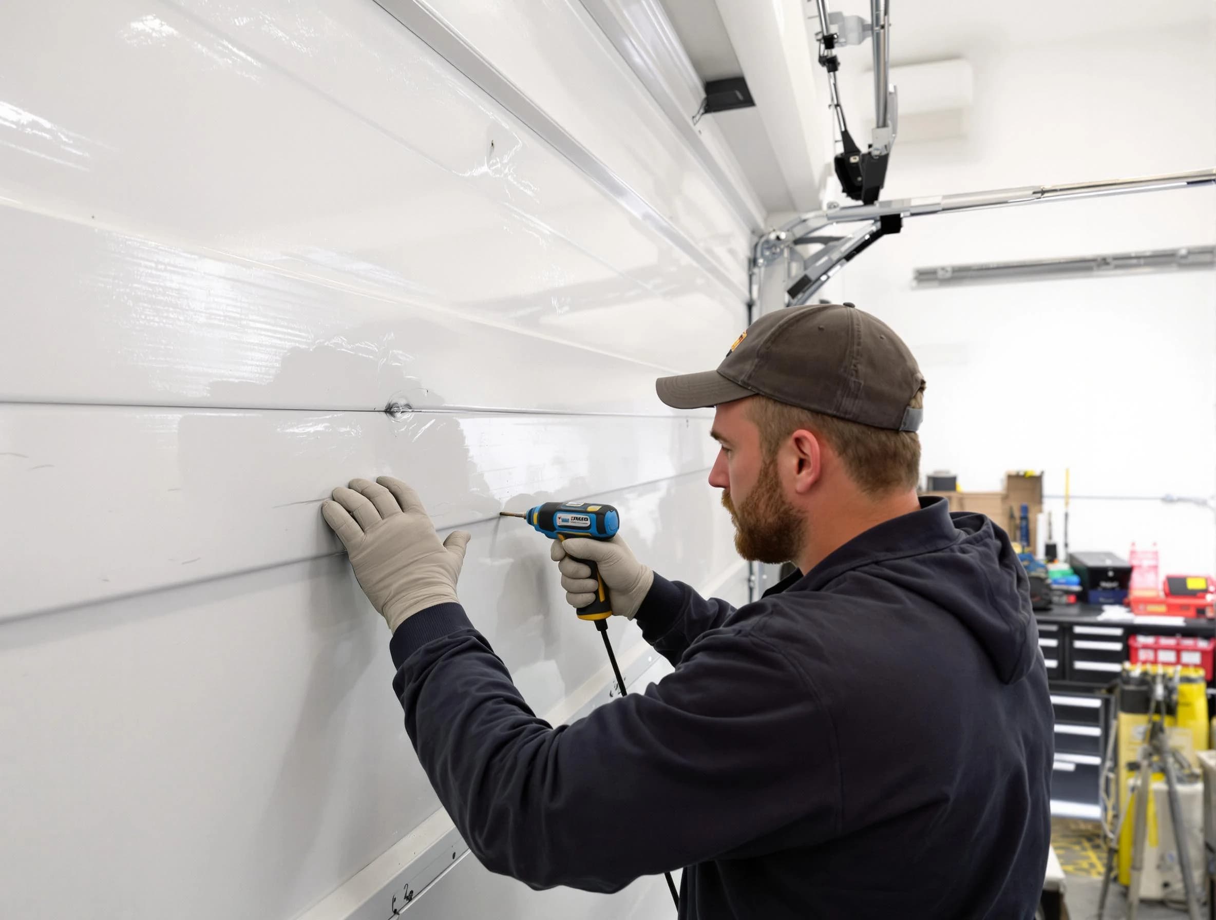 Lake Forest Garage Door Repair technician demonstrating precision dent removal techniques on a Lake Forest garage door