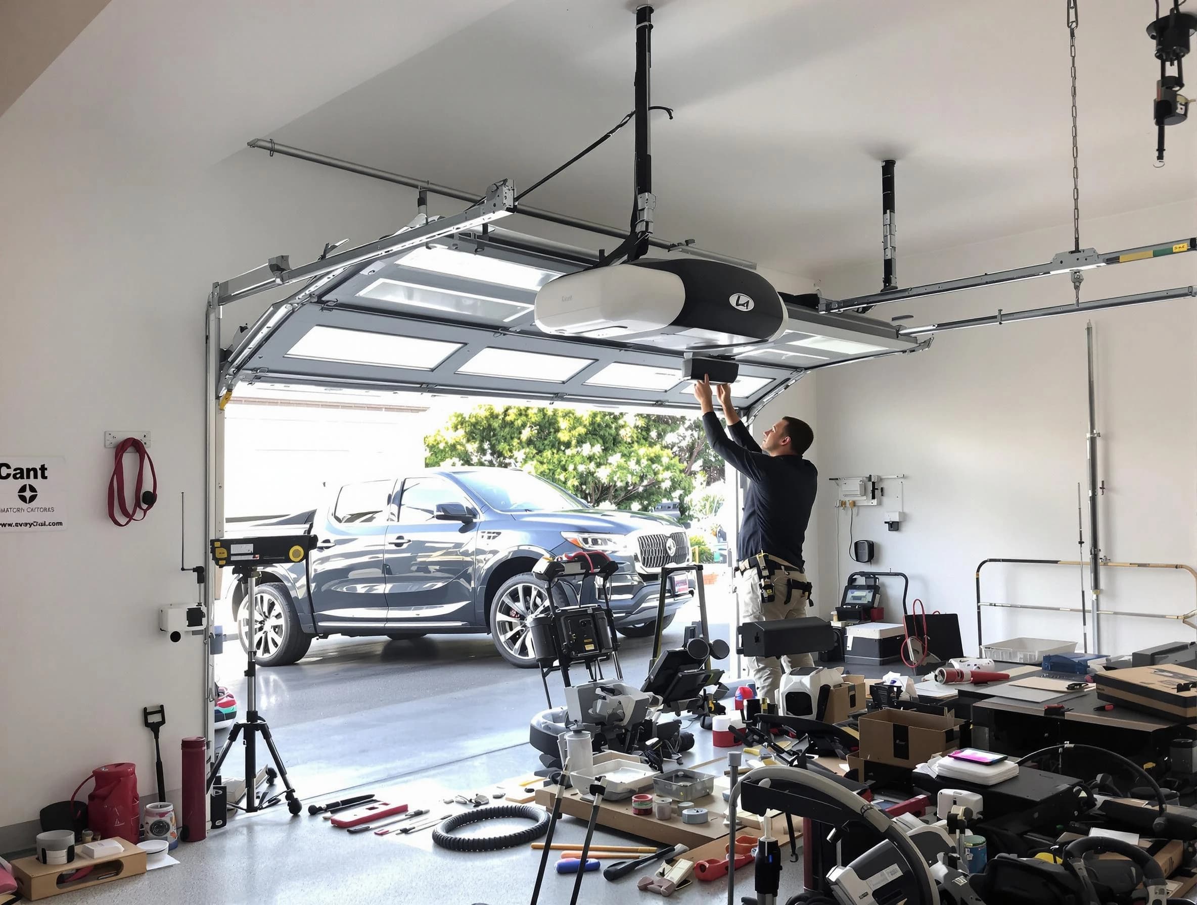 Lake Forest Garage Door Repair specialist installing smart garage door opener system in Lake Forest home